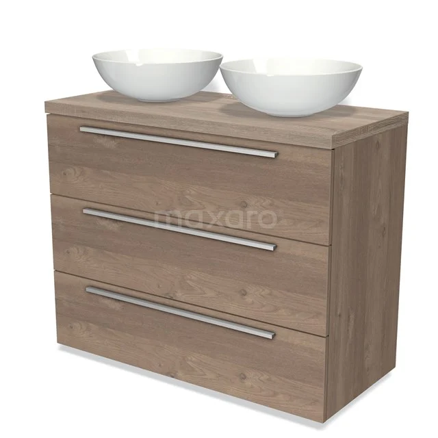 Hölzernes Badezimmermöbel mit zwei weißen Aufsatzwaschbecken, drei Schubladen und einer natürlichen Holzoptik, ideal für ein modernes Badezimmer.