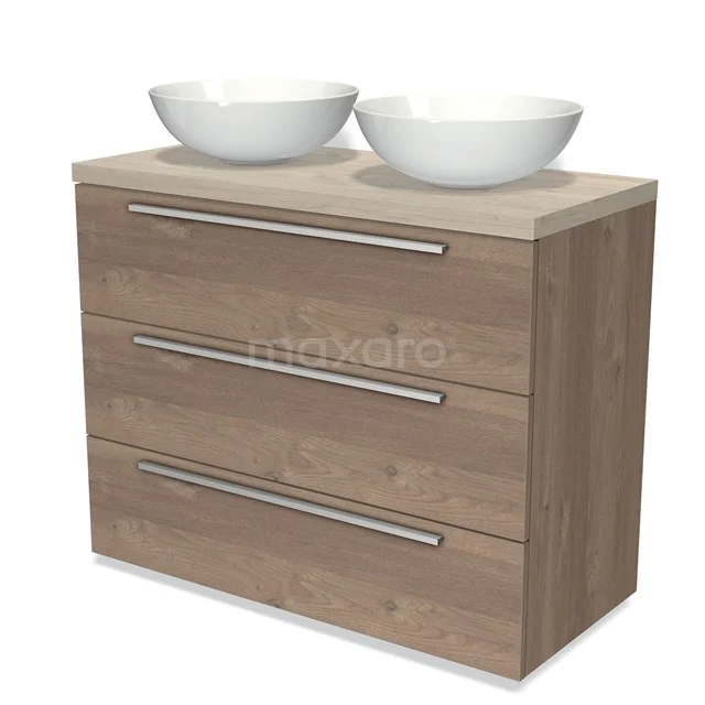 Modulo Plato Vanity units for countertop basin | 100 cm Mid brown oak Flat front Light grey oak worktop 3 drawers BMK19-00792