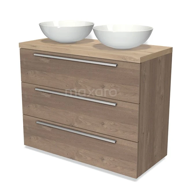Modulo Plato Vanity units for countertop basin | 100 cm Mid brown oak Flat front Light brown oak worktop 3 drawers BMK19-00793