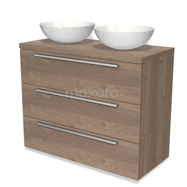 Modulo Plato Vanity units for countertop basin | 100 cm Mid brown oak Flat front Mid brown oak worktop 3 drawers BMK19-00794