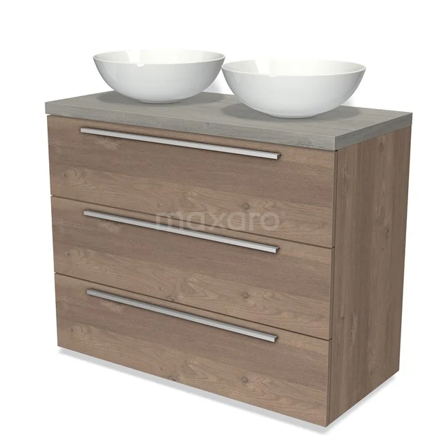 Badmöbel für Aufsatzwaschbecken 100cm Modulo Plato mittelbraune Eiche 3 Schubladen Flach graue Eiche Platte BMK19-00796 Hölzernes Badezimmermöbel mit drei Schubladen, Betonplatte und zwei weißen keramischen Aufsatzwaschbecken; modernes Design für das Badezimmer.