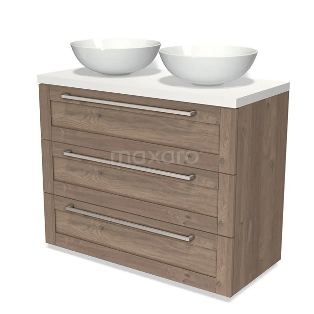 Wooden bathroom unit with modern design, three drawers, white double basin and chrome handles.