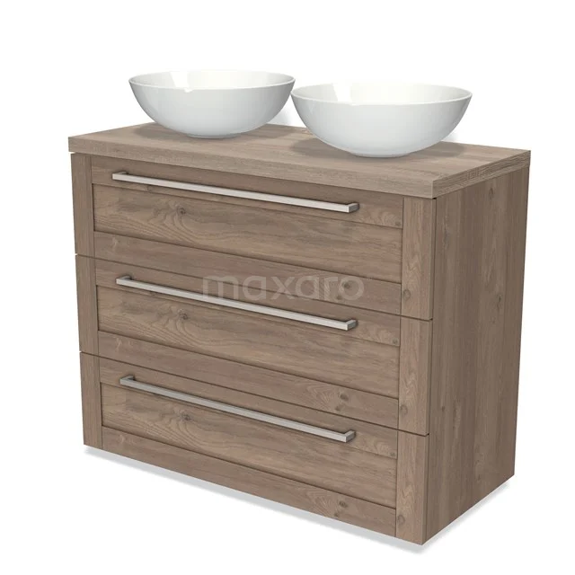 Modulo Plato Vanity units for countertop basin | 100 cm Mid brown oak Frame front Oak worktop 3 drawers BMK19-00805 Wooden bathroom unit with two white countertop wash basins, three drawers and metal handles; stylish and functional design.