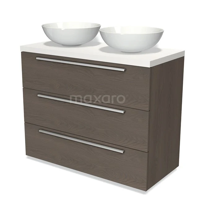 Badmöbel für Waschtischunterschrank mit Konsole 100cm Modulo Plato dunkelbraune Eiche 3 Schubladen Flach Matt Weiß Platte BMK19-00816 Brauner Badschrank mit drei Schubladen, weißen doppelten Aufsatzwaschbecken und modernen Metallhaltegriffen. Ideal für stilvolle Badezimmerlagerung.