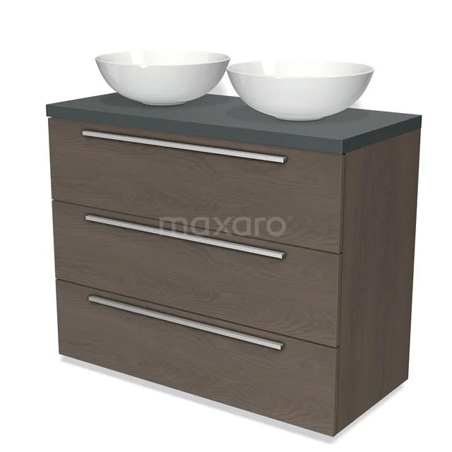 Hölzernes Badezimmermöbel mit Dunkelgrau Platte, doppelten weißen Aufsatzwaschbecken, drei Schubladen und metallischen Griffen, modernes Design.