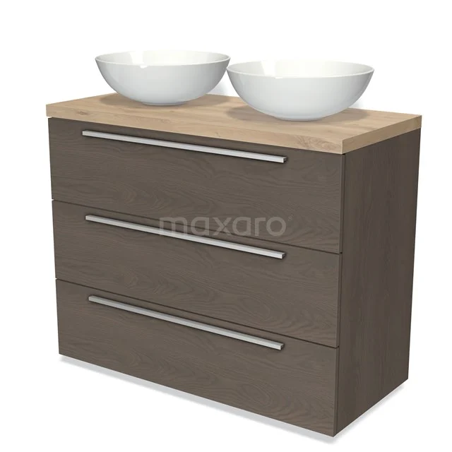 Modulo Plato Vanity units for countertop basin | 100 cm Dark brown oak Flat front Light brown oak worktop 3 drawers BMK19-00821