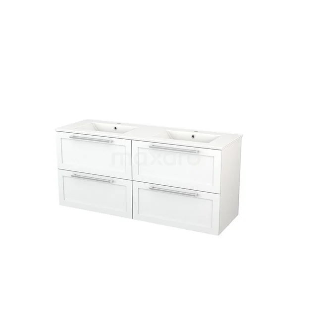 White double vanity unit with four spacious drawers, sleek chrome handles and modern design, perfect for an organised bathroom.