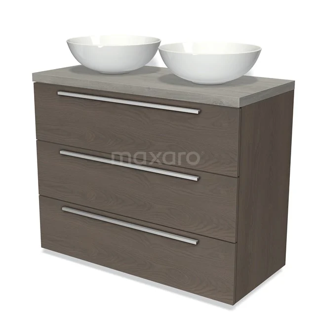 Modulo Plato Vanity units for countertop basin | 100 cm Dark brown oak Flat front Grey oak worktop 3 drawers BMK19-00824