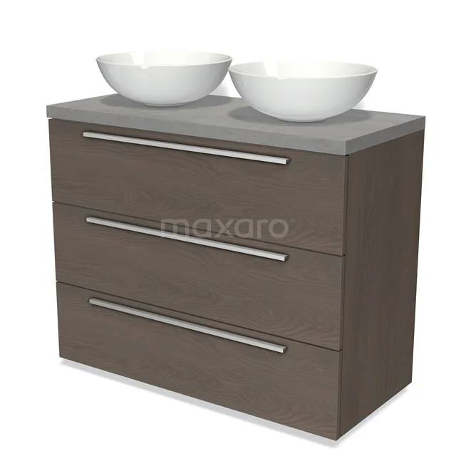 Modulo Plato Vanity units for countertop basin | 100 cm Dark brown oak Flat front Light grey concrete worktop 3 drawers BMK19-00825