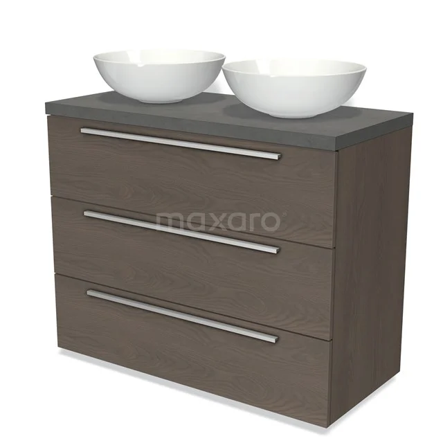 Modulo Plato Vanity units for countertop basin | 100 cm Dark brown oak Flat front Dark grey concrete worktop 3 drawers BMK19-00826