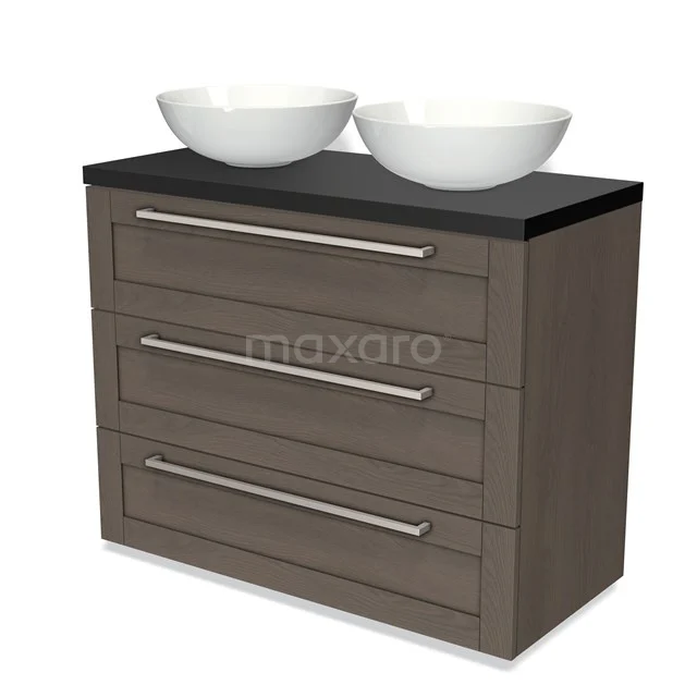 Wooden vanity unit with dark worktop and double white countertop wash basins, ideal for a modern bathroom design.