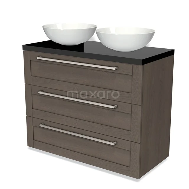 Wooden bathroom unit with dark worktop, three drawers and two white countertop wash basins, ideal for modern bathroom styles.