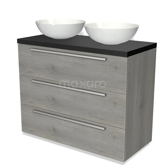 Modulo Plato Vanity units for countertop basin | 100 cm Grey oak Flat front Matte black worktop 3 drawers BMK19-00841 Wooden bathroom unit with double white countertop wash basins, grey chest of drawers with metal handles and black metal worktop.