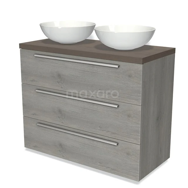 Grey wooden bathroom furniture set with double basin, Stainless steel handles and dark brown worktop, ideal for modern bathrooms.