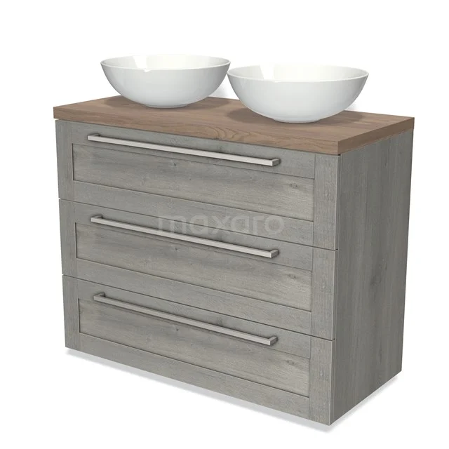 Grey wooden Bathroom unit with three drawers, wooden worktop and two white countertop wash basins, ideal for modern bathrooms.