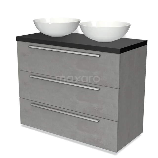 Modulo Plato Vanity units for countertop basin | 100 cm Light grey concrete Flat front Matte black worktop 3 drawers BMK19-00869