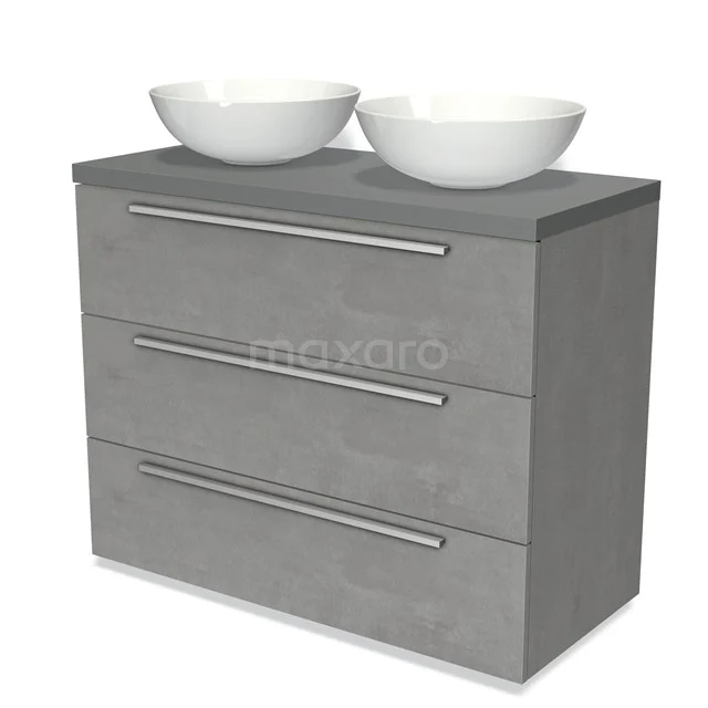 Modulo Plato Vanity units for countertop basin | 100 cm Light grey concrete Flat front Mid grey worktop 3 drawers BMK19-00870