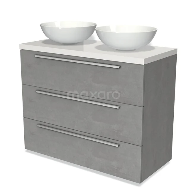 Grauer Badschrank mit Doppelwaschbecken, drei Schubladen und einem modernen Betonlook-Design. Perfekt für stilvolle Badezimmerlagerung.