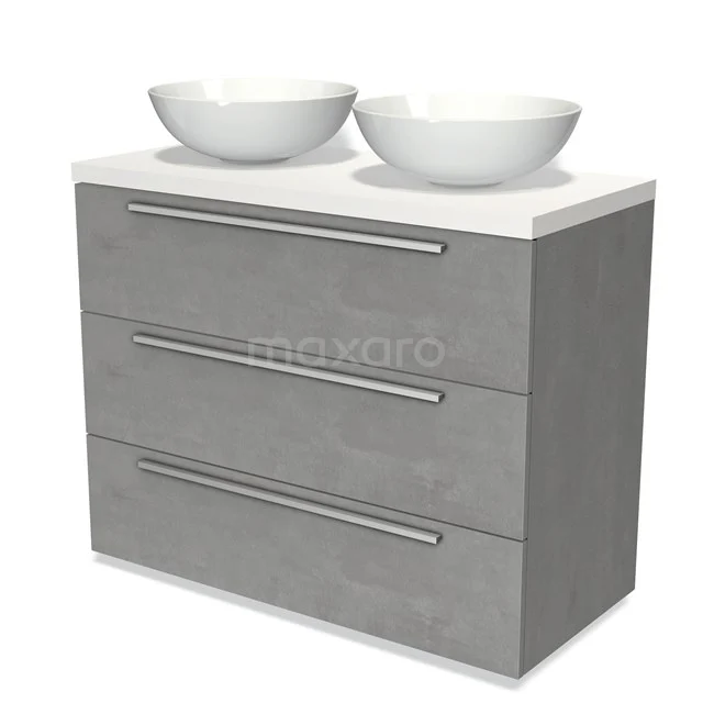 Graues Doppelwaschbeckenmöbel mit weißen Schalen, 3 Schubladen und einem modernen Betonlook-Design für das Badezimmer.