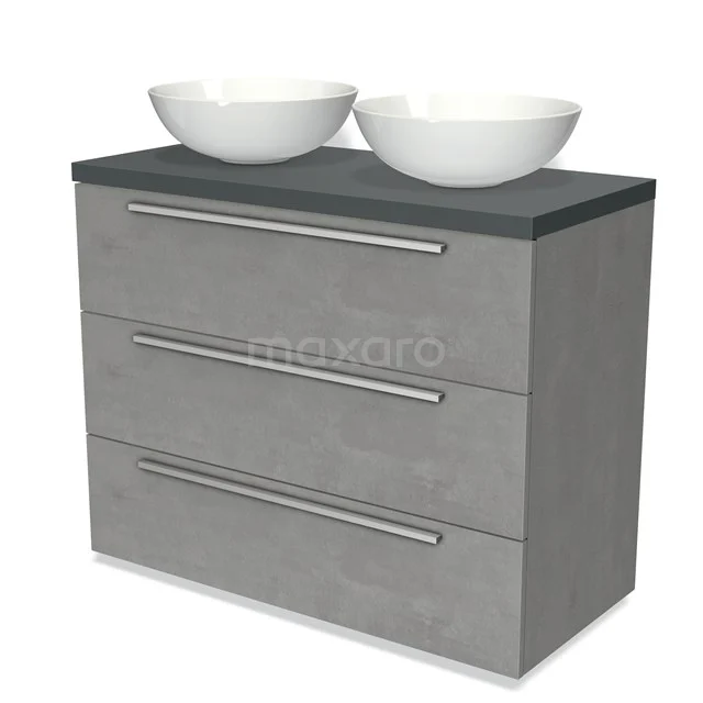 Badmöbel für Waschtischunterschrank mit Konsole 100cm Modulo Plato Hellgrauer Beton 3 Schubladen Flach Dunkelgraue Platte BMK19-00873 Grau Badmöbel mit Doppelwaschbecken, Betonlook, drei breite Schubladen und modernem Design. Perfekt für ein stilvolles Badezimmer.