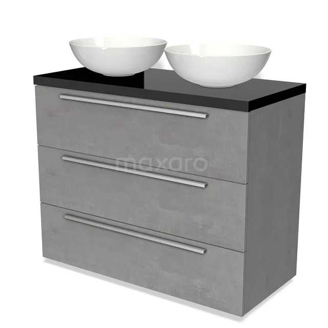 Modulo Plato Vanity units for countertop basin | 100 cm Light grey concrete Flat front High-gloss black worktop 3 drawers BMK19-00874