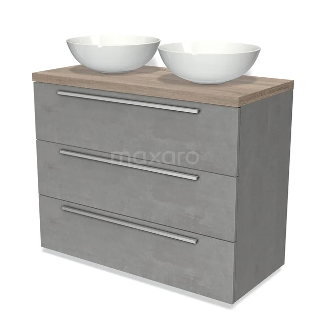 Modulo Plato Vanity units for countertop basin | 100 cm Light grey concrete Flat front Oak worktop 3 drawers BMK19-00875