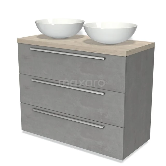 Modulo Plato Vanity units for countertop basin | 100 cm Light grey concrete Flat front Light grey oak worktop 3 drawers BMK19-00876