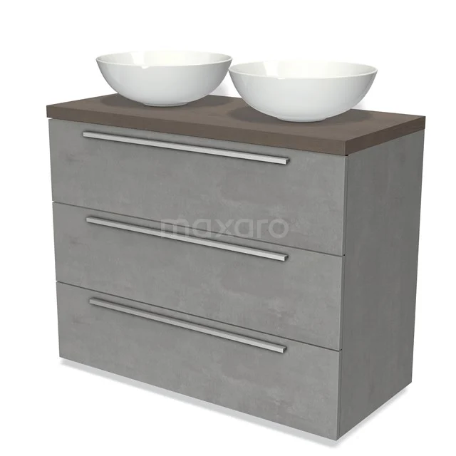 Moderne Badmöbel mit grauen Schubladen, Holzplatte und doppelten weißen Waschbecken; stilvoll und praktisch für jedes Badezimmer.