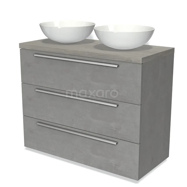Modulo Plato Vanity units for countertop basin | 100 cm Light grey concrete Flat front Grey oak worktop 3 drawers BMK19-00880