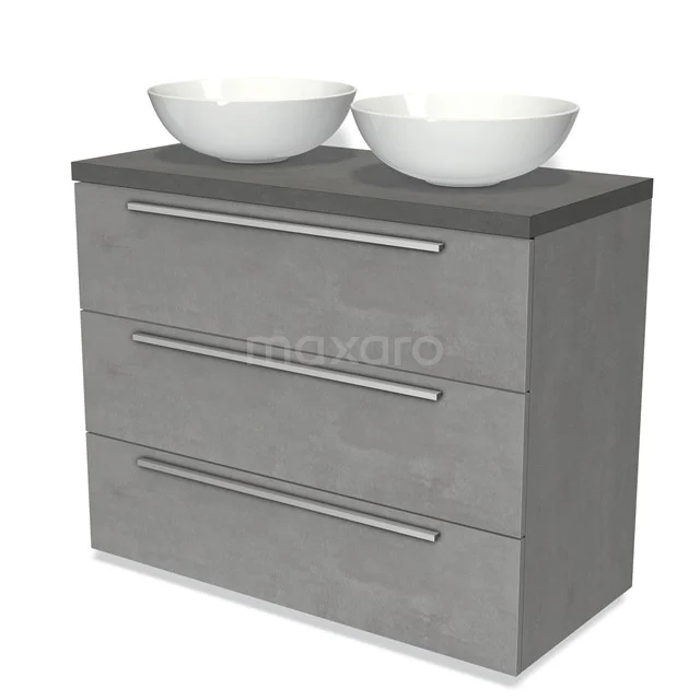 Graue Badmöbelset mit drei Schubladen, Betonlook und zwei weißen keramischen Aufsatzwaschbecken; modernes Design.