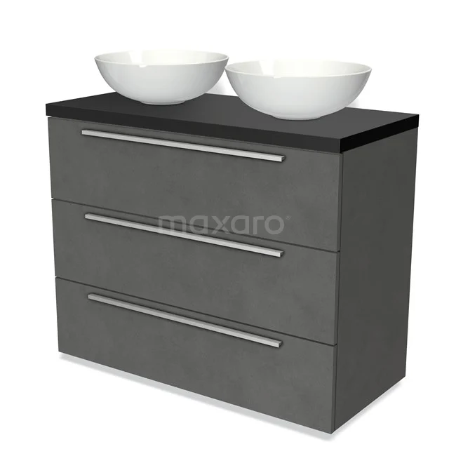 Grauer Badschrank mit drei Schubladen, schwarzer Platte und doppelten weißen Aufsatzwaschbecken, ideal für stilvolle Badezimmerlagerung.