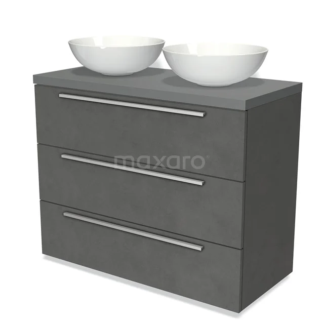 Grau Badmöbel mit drei Schubladen und zwei weißen Schalen, modernes Design aus Betonlook-Material.