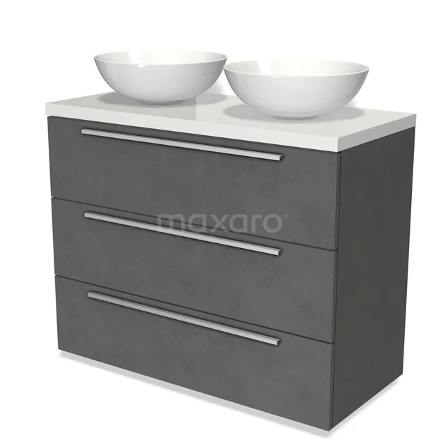 Graue Badmöbelset mit drei Schubladen, weißen doppelten Aufsatzwaschbecken und modernem Design, ideal für ein stilvolles Badezimmer.