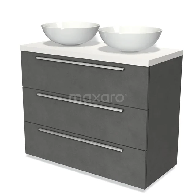 Graue Badmöbelset mit doppelten Aufsatzwaschbecken, modernem Aussehen, 3 geräumigen Schubladen und schnörkellosem Design.