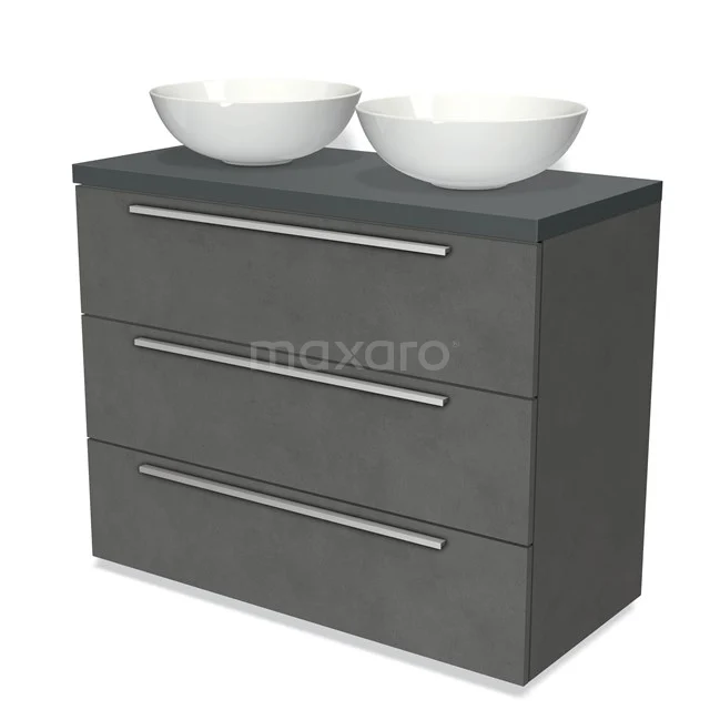 Modulo Plato Vanity units for countertop basin | 100 cm Dark grey concrete Flat front Dark grey worktop 3 drawers BMK19-00887