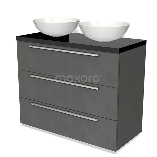 Grauer Badschrank mit schwarzer Platte, doppelten weißen Waschbecken und drei Schubladen; modernes Design und praktisch für Badezimmerlagerung.