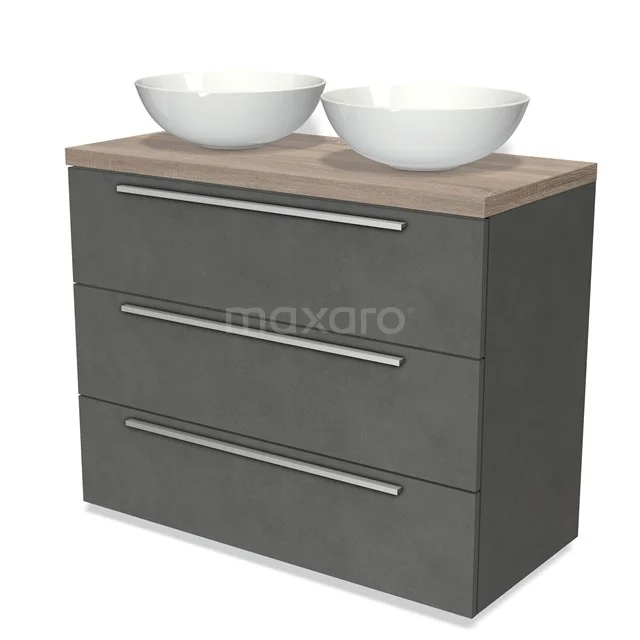Modulo Plato Vanity units for countertop basin | 100 cm Dark grey concrete Flat front Oak worktop 3 drawers BMK19-00889