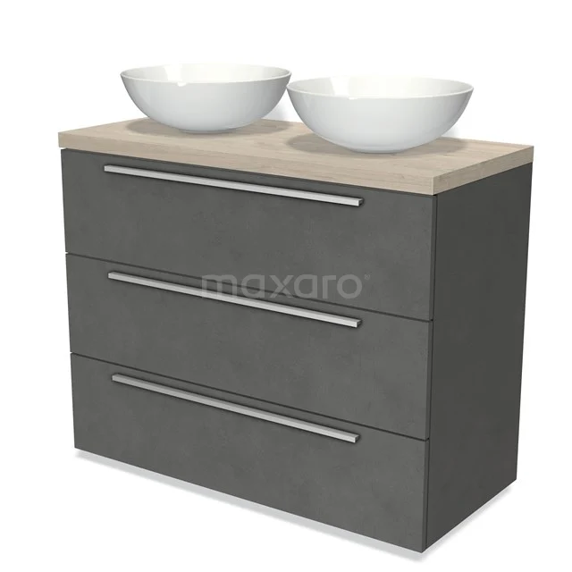 Modulo Plato Vanity units for countertop basin | 100 cm Dark grey concrete Flat front Light grey oak worktop 3 drawers BMK19-00890