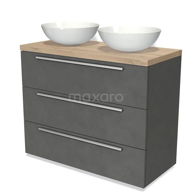 Modulo Plato Vanity units for countertop basin | 100 cm Dark grey concrete Flat front Light brown oak worktop 3 drawers BMK19-00891