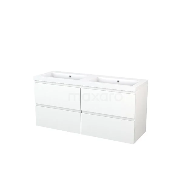Modulo+ Vanity units with basin | 140 cm Matte white Handle-less front Mineral marble 4 drawers BMP004146 White double vanity unit with glossy finish, four drawers and modern design; ideal for a stylish bathroom.