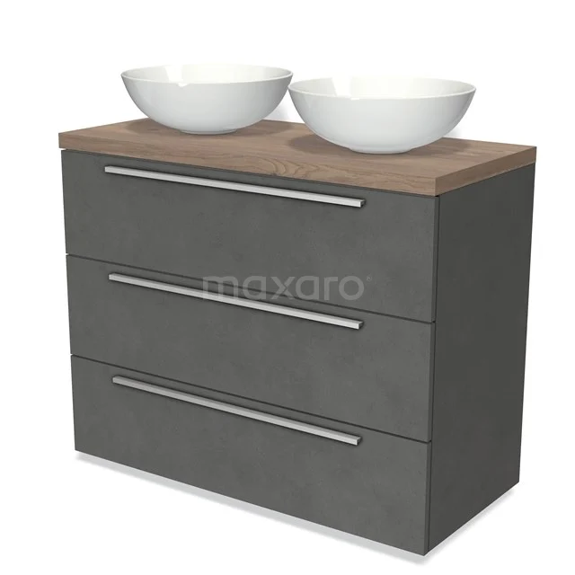 Grauer Badschrank mit Holzlook Platte, 3 Schubladen und 2 weißen Aufsatzwaschbecken, moderner Stil mit metallischen Griffen.