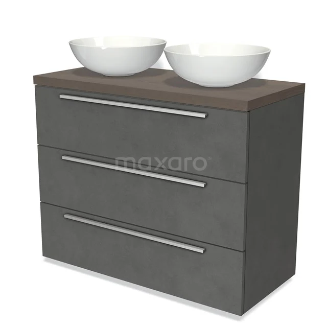 Modulo Plato Vanity units for countertop basin | 100 cm Dark grey concrete Flat front Dark brown oak worktop 3 drawers BMK19-00893