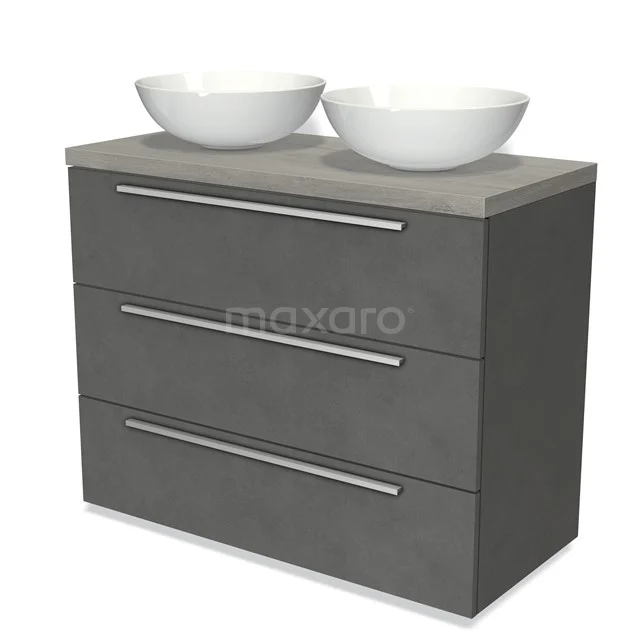 Modulo Plato Vanity units for countertop basin | 100 cm Dark grey concrete Flat front Grey oak worktop 3 drawers BMK19-00894