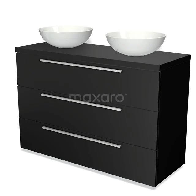Black bathroom cabinet with modern design, three drawers and double white countertop wash basins on top. Suitable for stylish bathrooms.