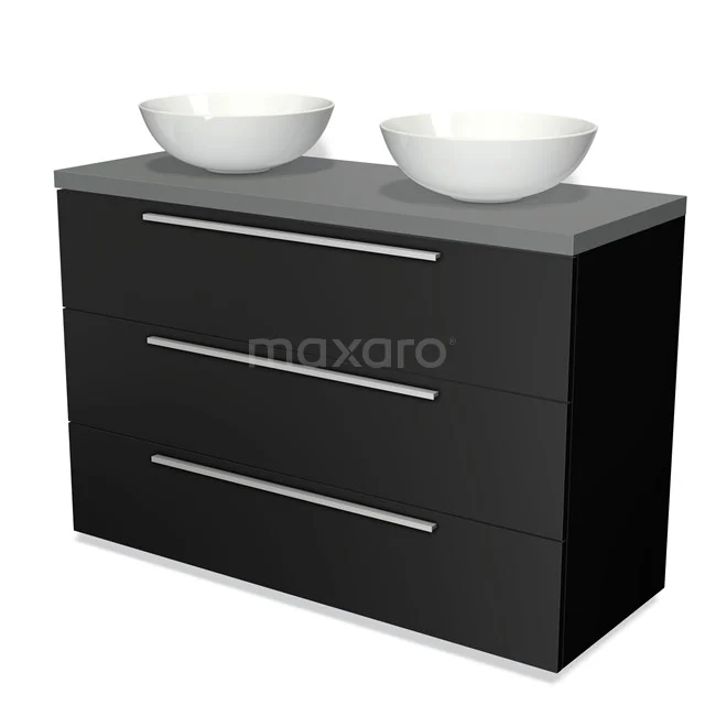 Badmöbel für Aufsatzwaschbecken 120cm Modulo Plato Matt Schwarz 3 Schubladen Flach Mittelgrau Platte BMK19-00898 Schwarze Badmöbelset mit doppelten weißen Aufsatzwaschbecken, schickem Design und chromfarbenen Griffen, ideal für ein modernes Badezimmer.