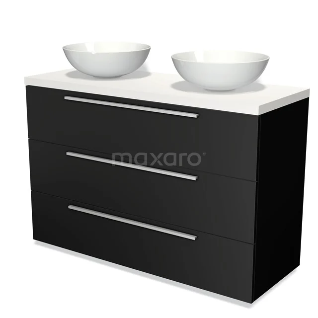 Zwarte badkamerkast met drie lades, witte dubbele waskommen en glanzend oppervlak, strak design voor moderne badkamers.