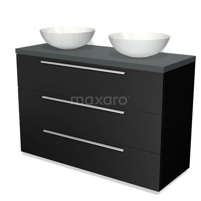 Zwarte badkamermeubelset met dubbele waskommen, glazen blad en drie lades, modern design.