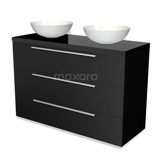 Zwarte badmeubelset met twee witte kommen, gelakte afwerking en moderne grepen, ideaal voor een stijlvolle badkamer.