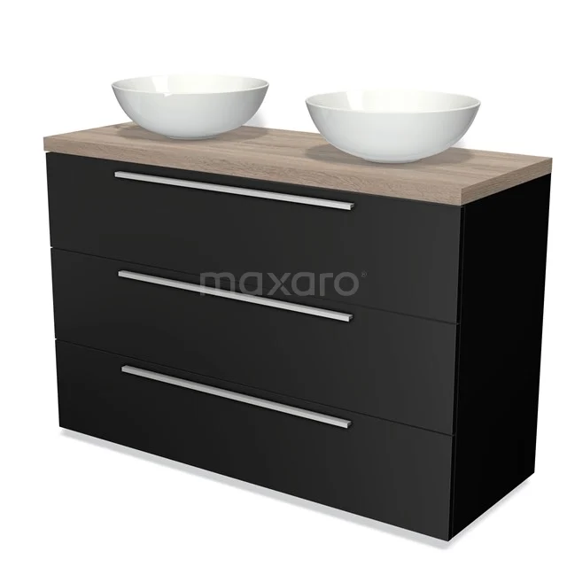 Zwarte badkamermeubelset met houtafwerking, drie lades en dubbele wastafels, ideaal voor een moderne badkamer inrichting.