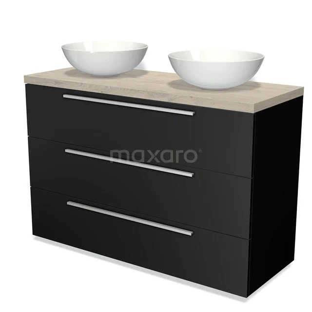 Zwarte badkamermeubelset met houten blad, dubbele witte waskommen en drie lades; modern design voor elegante badkamers.